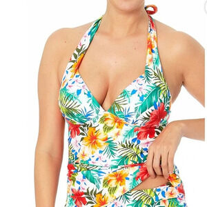 Time & Tru Swim Top Women Plus 2X White Green Orange Floral Halter One Piece